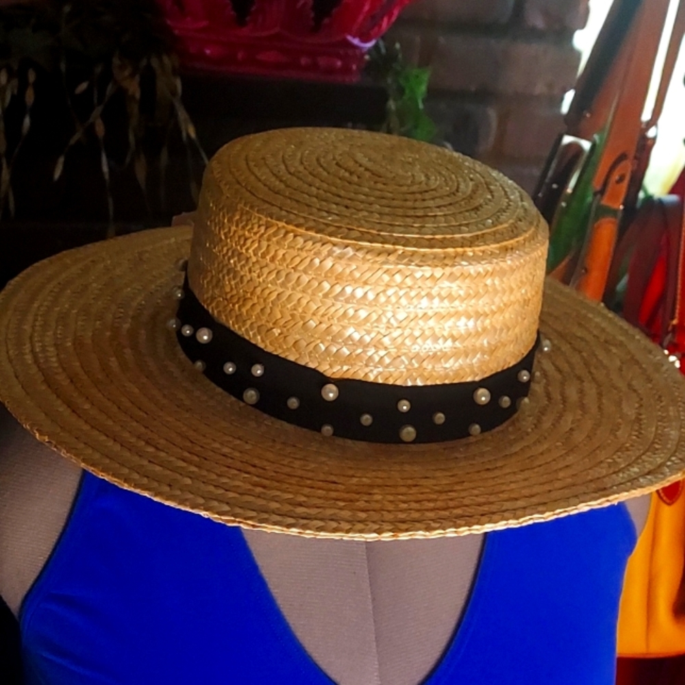 Wheat Straw & Pearl Black Ribbon Boater Hat by BCBGeneration